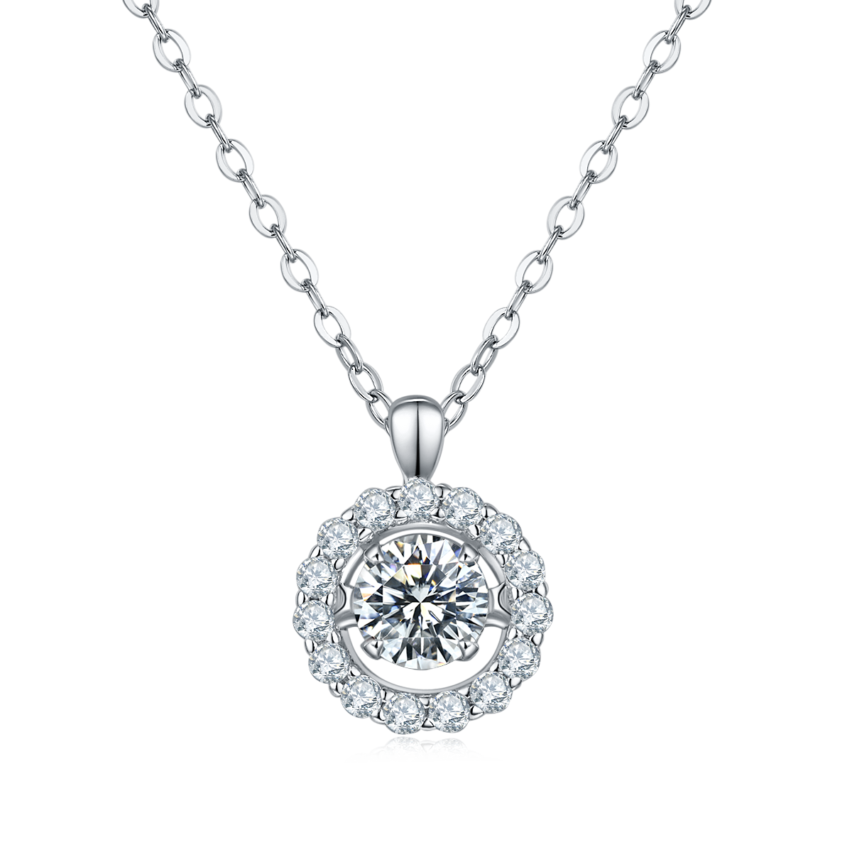 Sterling Silver Round Cut Moissanite Dancing Stone Halo Necklace(1/2 Ct)