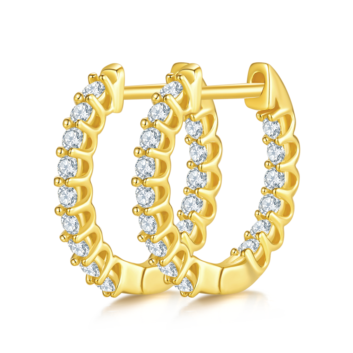 14K Yellow Gold Plated Round Moissanite Single Row Huggie Hoop Earrings