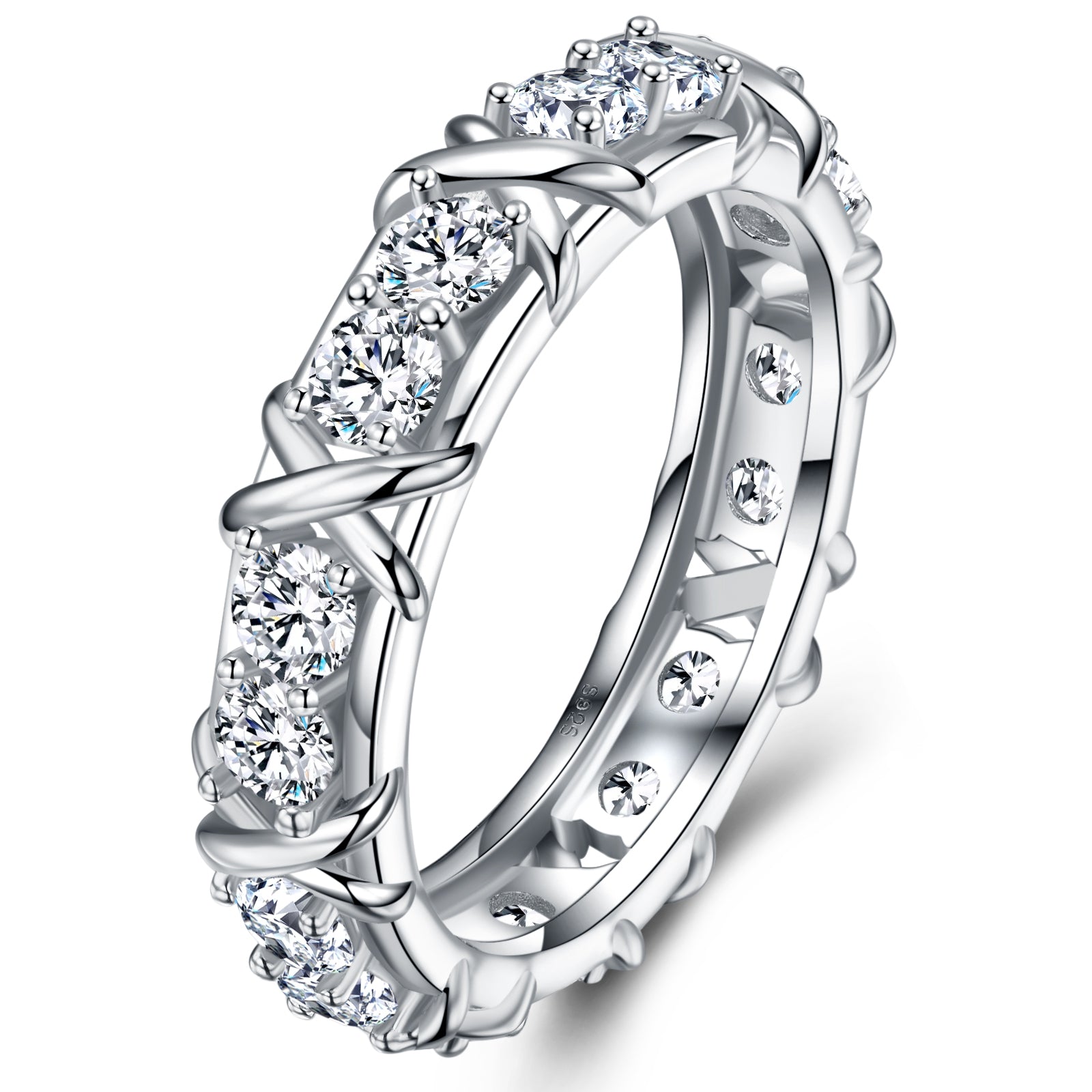 18K White Gold Plated Silver Round Moissanite X-Motif Criss Cross Eternity Band