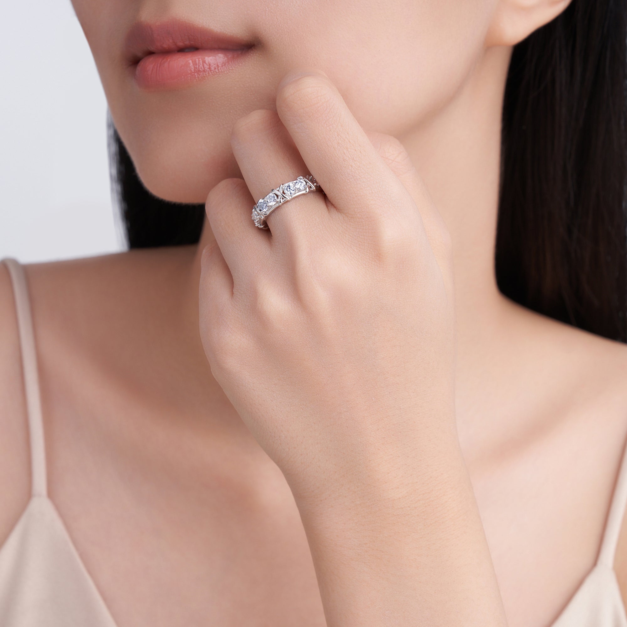 18K White Gold Plated Silver Round Moissanite X-Motif Criss Cross Eternity Band