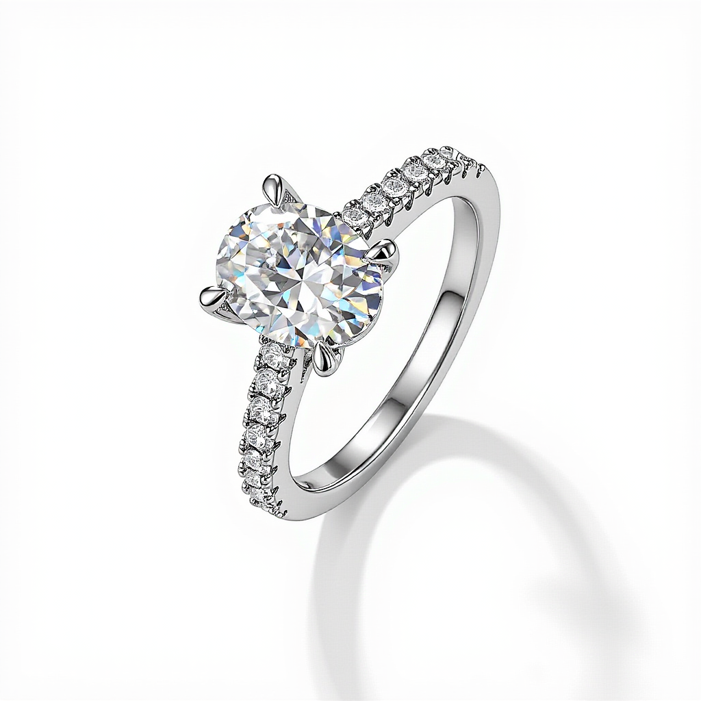 18K White Gold Plated Silver Oval Moissanite Engagement Ring
