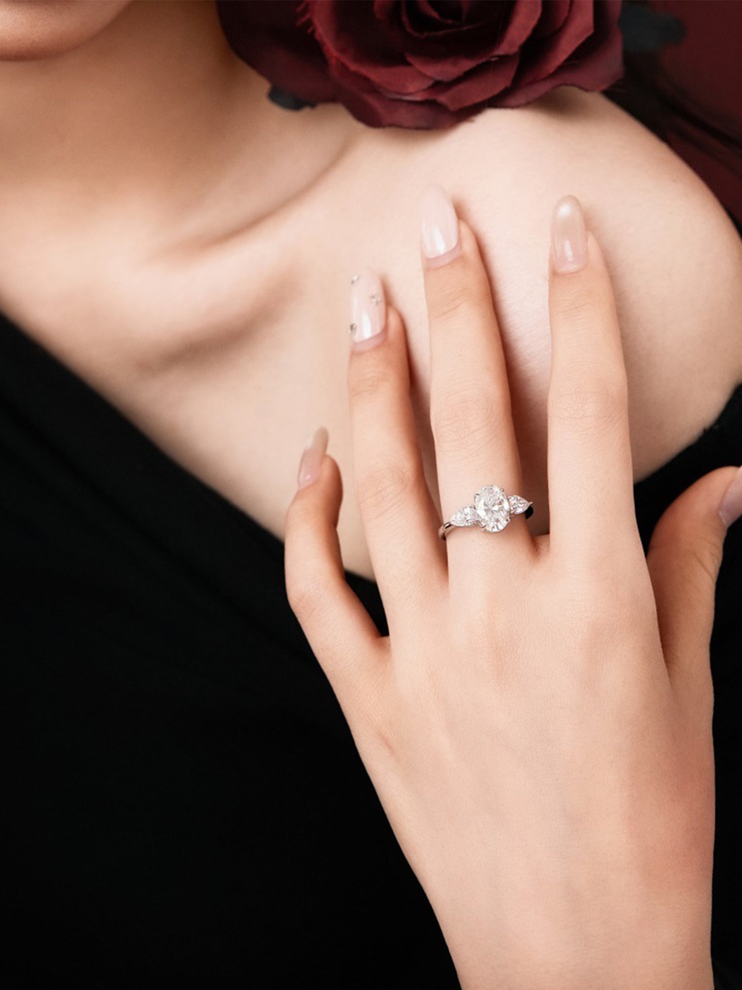 18K White Gold Plated Silver Oval & Pear Three Stone Moissanite Ring