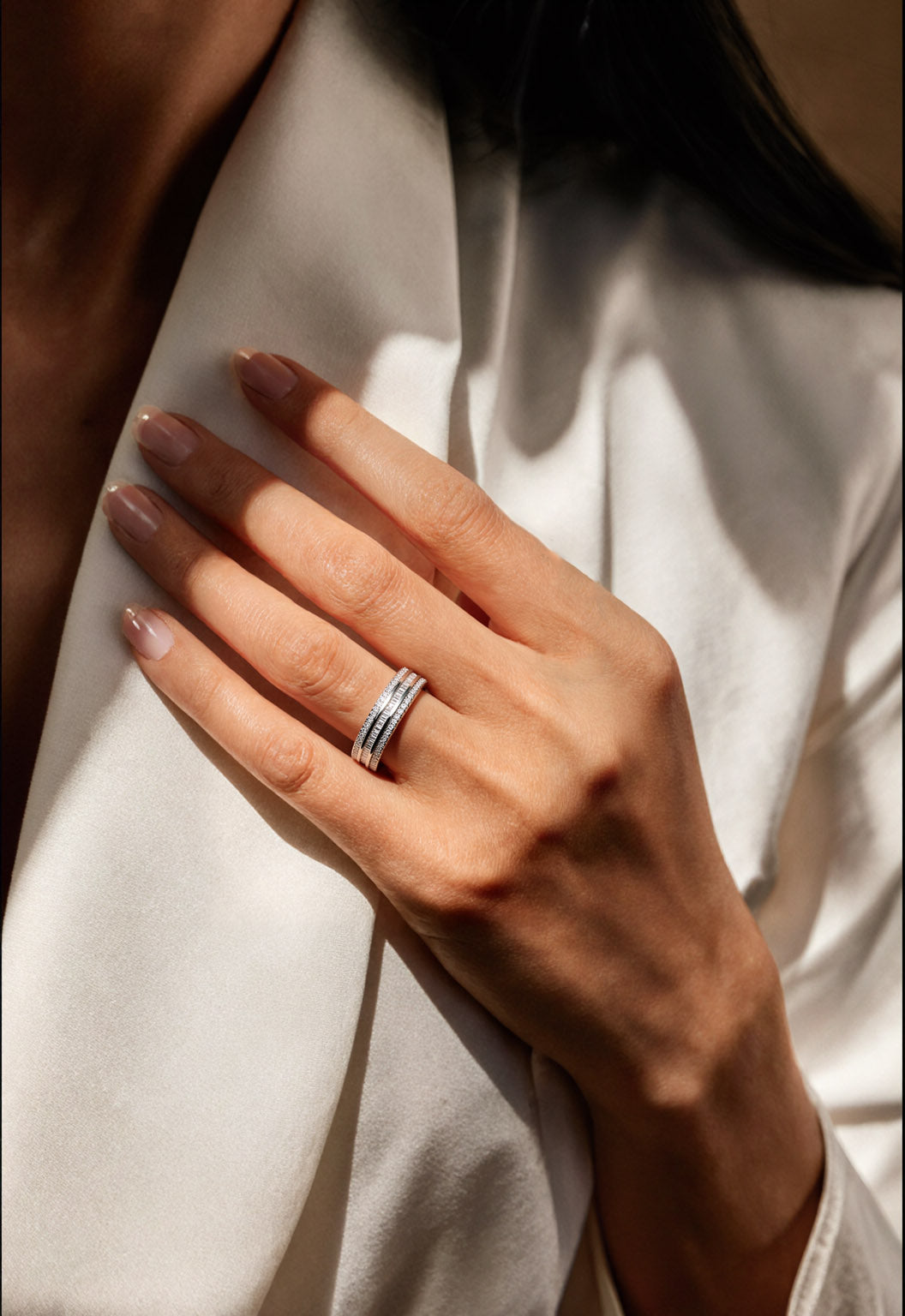 18K White Gold Plated Silver Baguette & Round Cut Moissanite Three Row Eternity Band