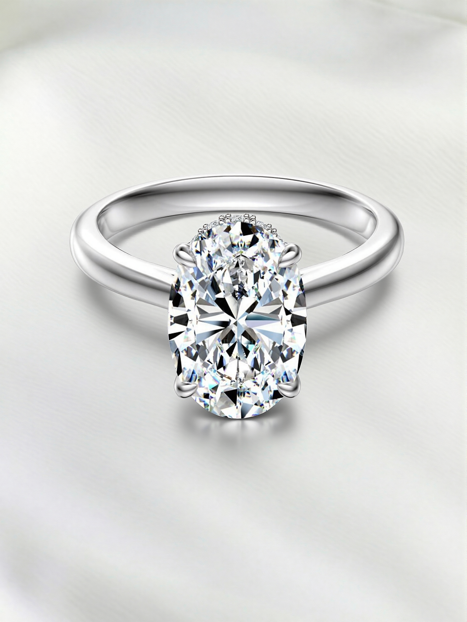 18K White Gold Plated Silver Hidden Halo Oval Moissanite Engagement Ring