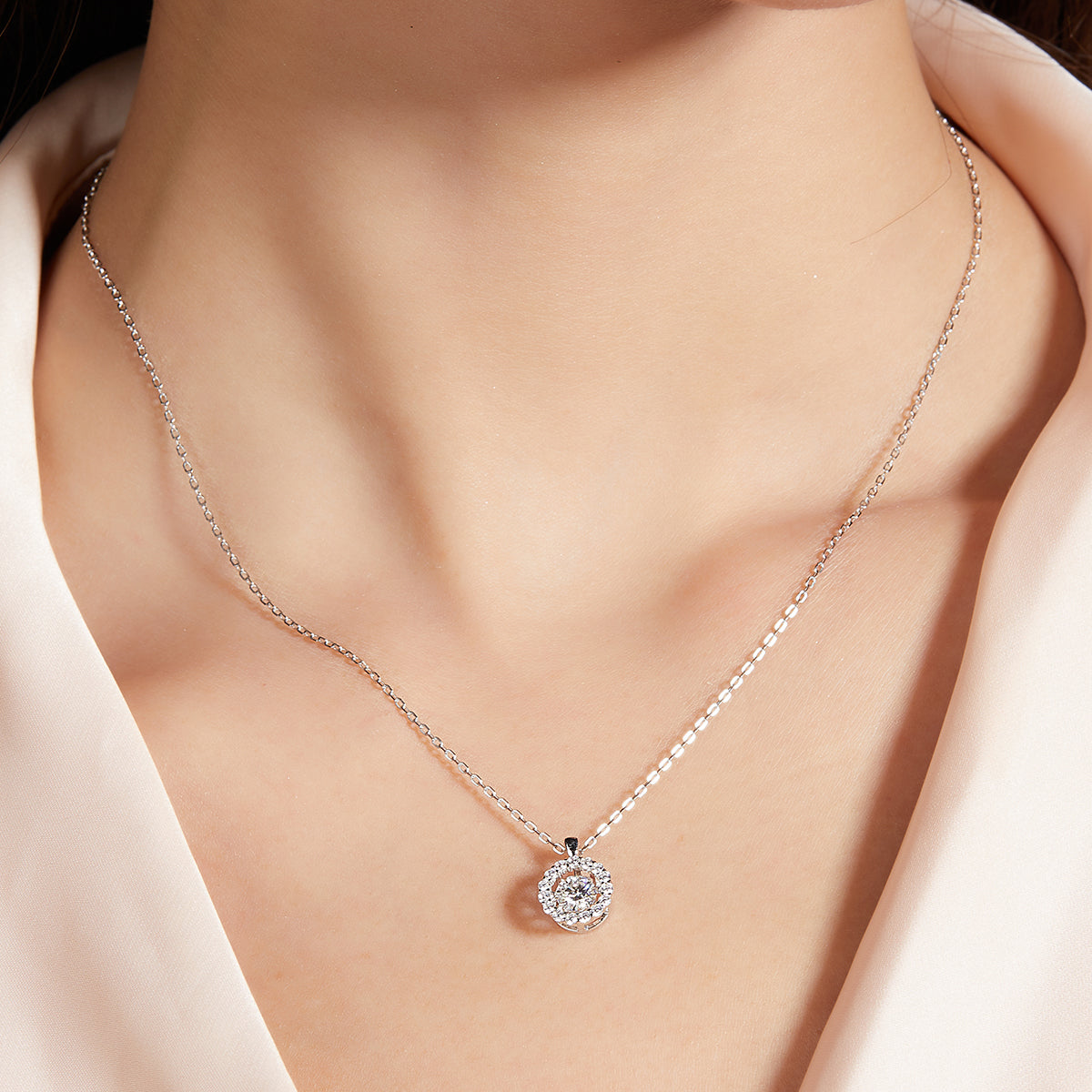 Sterling Silver Round Cut Moissanite Dancing Stone Halo Necklace(1/2 Ct)
