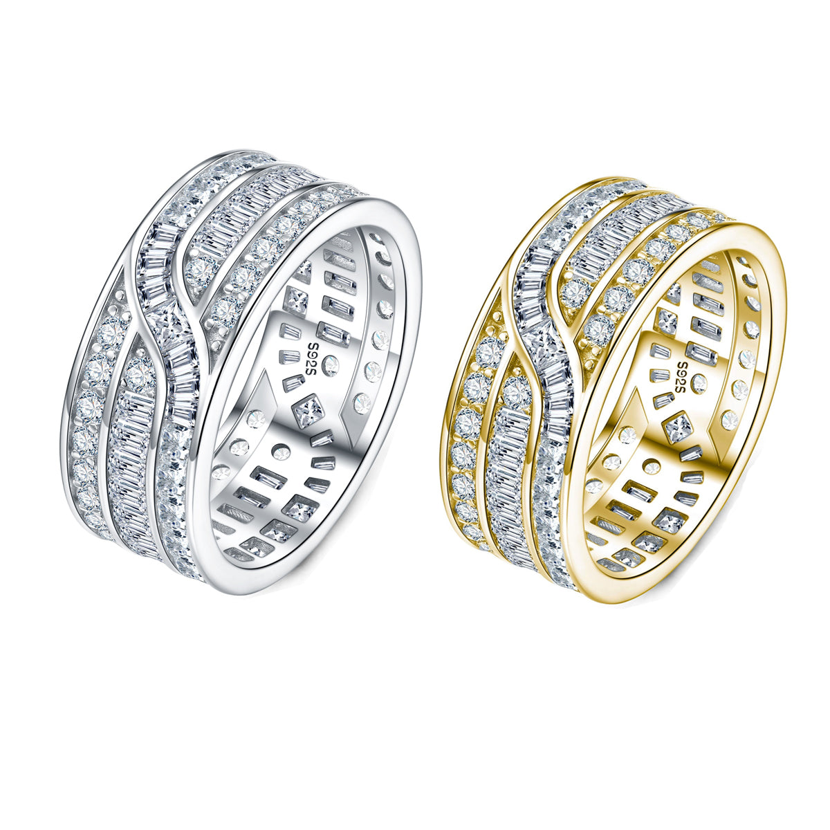 18K White Gold Plated Silver Round & Baguette Cut Moissanite Crossover Wide Band Ring