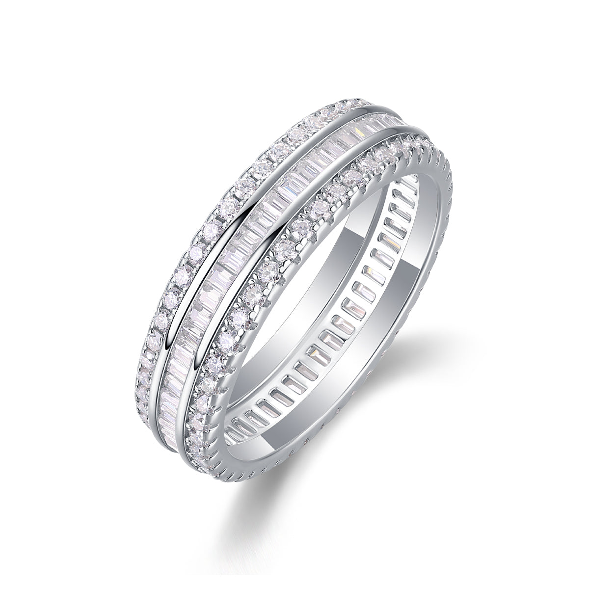 18K White Gold Plated Silver Baguette & Round Cut Moissanite Three Row Eternity Band