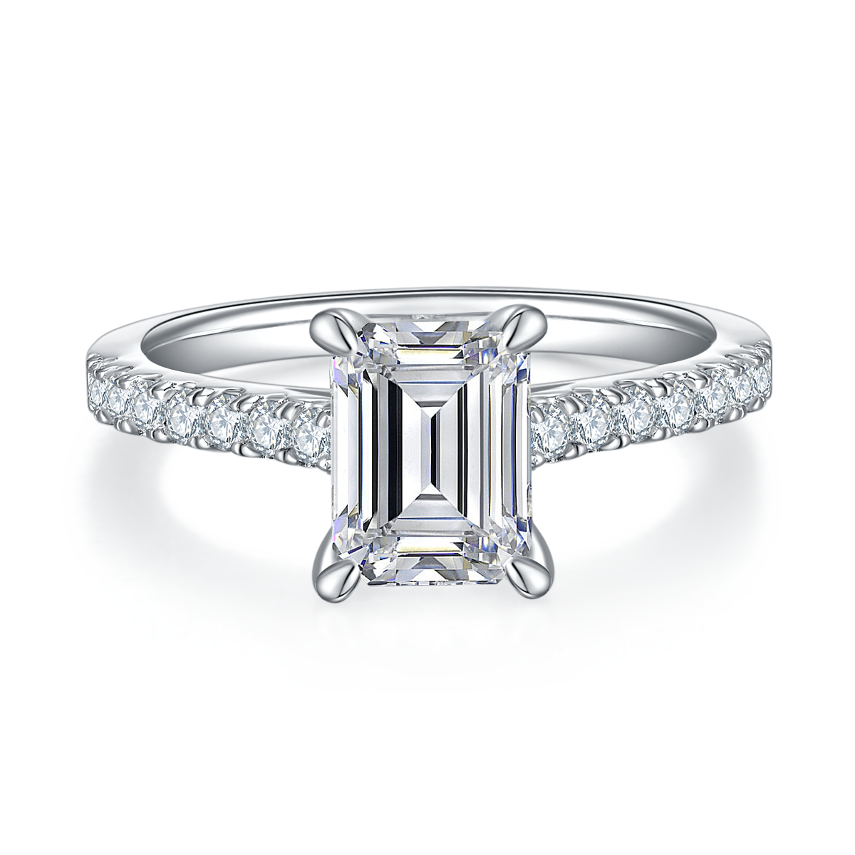 18K White Gold Plated Silver Emerald Cut Moissanite Engagement Ring with Pavé Band