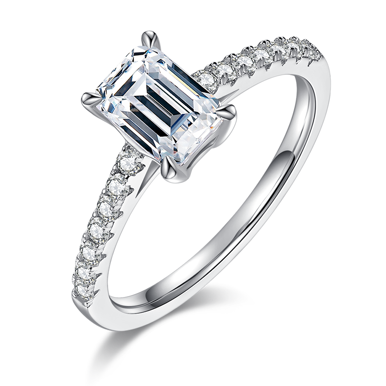 18K White Gold Plated Silver Emerald Cut Moissanite Engagement Ring with Pavé Band